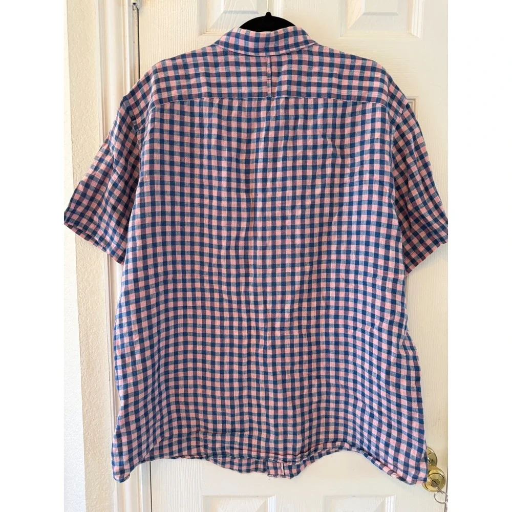 Banana Republic Camden Fit‎ 100% Linen Pink Blue Gingham Plaid Button Shirt XL